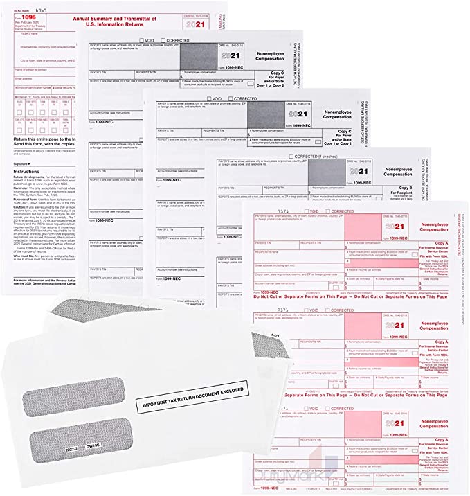 1099 NEC Tax Forms 2021,and 25 Self-Seal Envelopes, 25 4 Part Laser Tax Forms Kit Pack of Federal/State Copy's, 1096's –Great for QuickBooks and Accounting Software, 2021 1099-NEC, 25 Pack